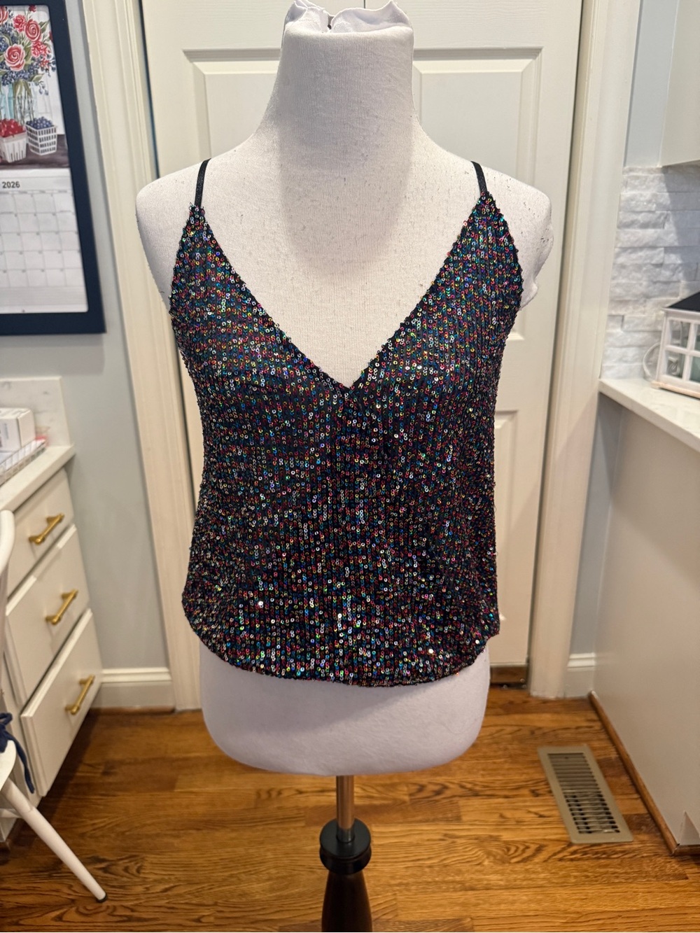 Altar’d State Multicolor Sequin Cami Top Size L Black Rainbow Party Y2K